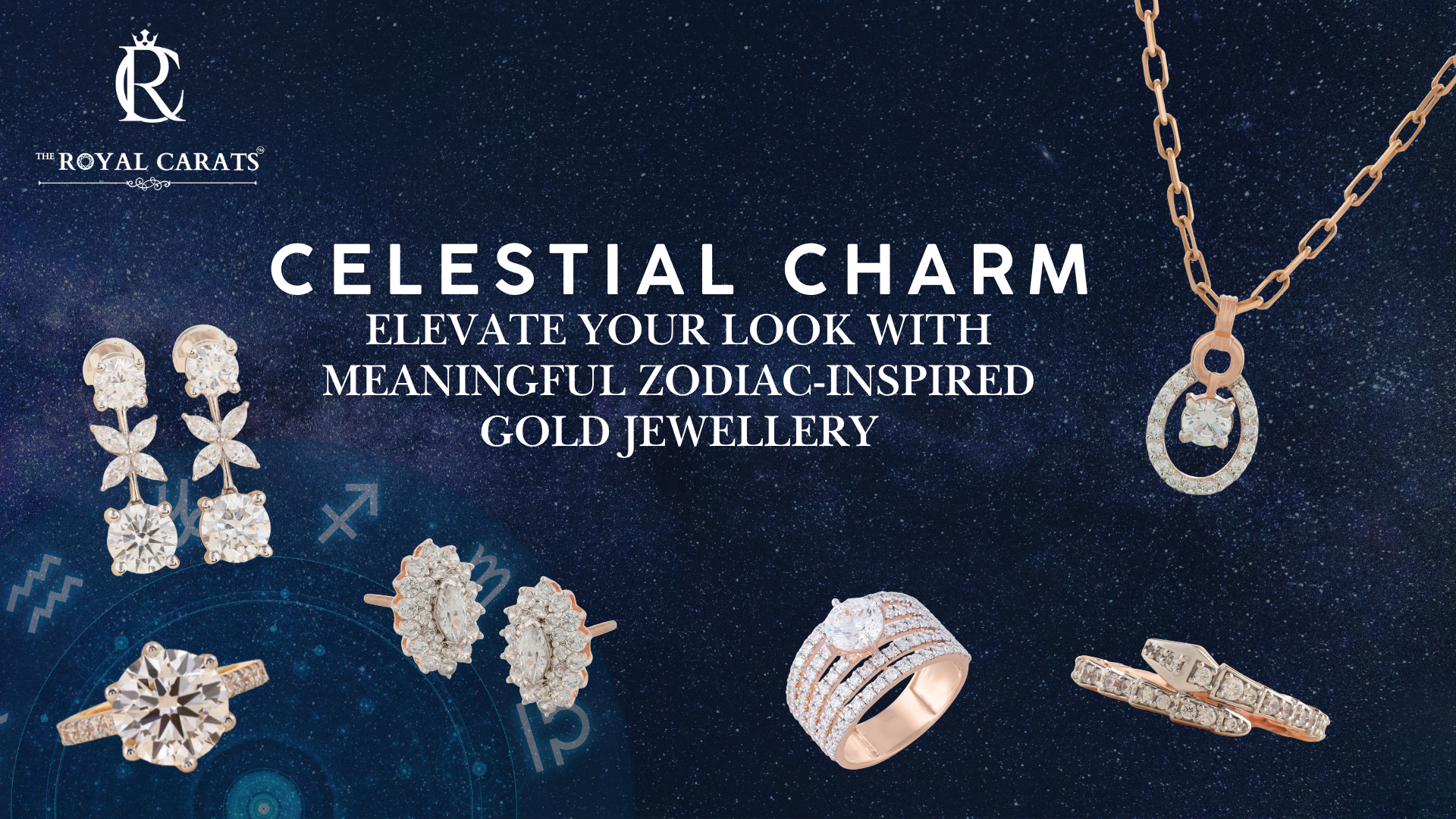 The The Royal Carats offers rose gold, zodiac-inspired diamond jewellery, including pendant, dangle earrings, stud earrings, and rings, for celestial charm.