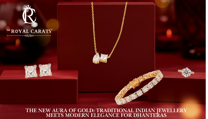 A display of The Royal Carats gold and diamond jewelry, including a necklace, stud earrings, a bangle, and a ring, set against a deep red background for Dhanteras.
