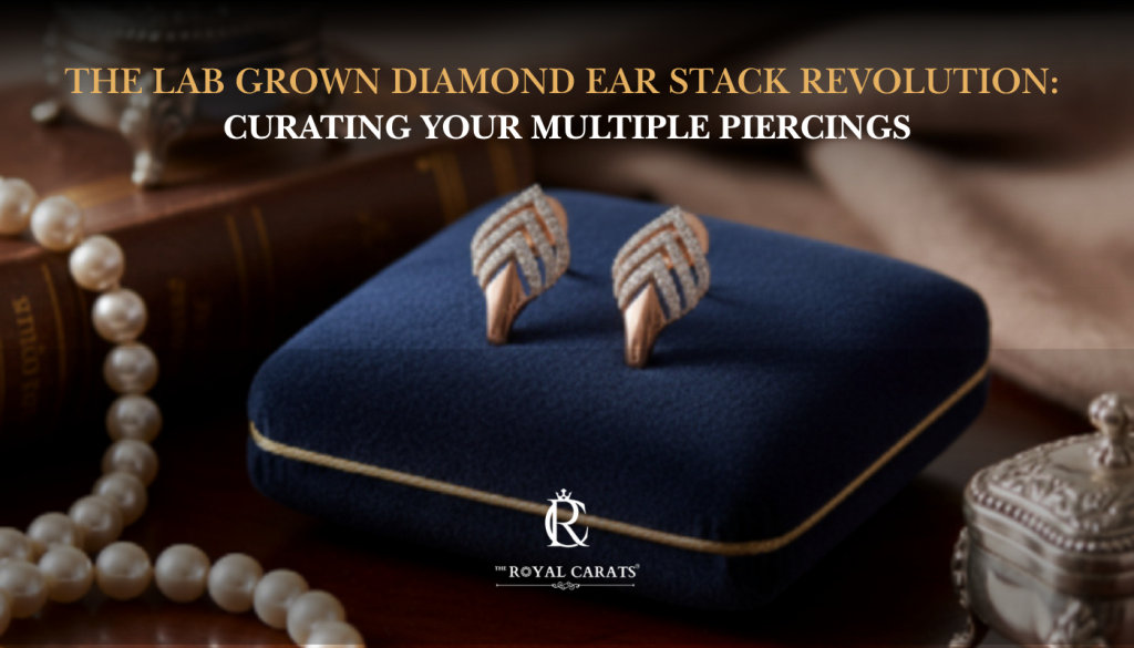 Woman's ear adorned with a revolution of diverse lab-grown diamond piercings and stacked earrings.