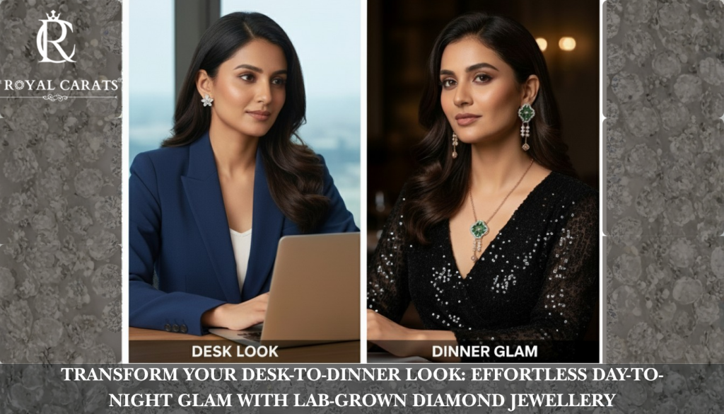 Office look (minimal lab-grown diamond jewellery) transitioning to evening glam (dramatic lab-grown diamond jewellery)