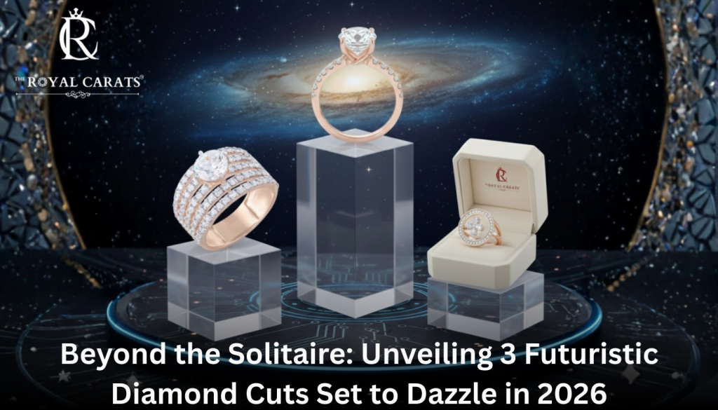 Three futuristic diamond cuts displayed on pedestals against a galaxy background.