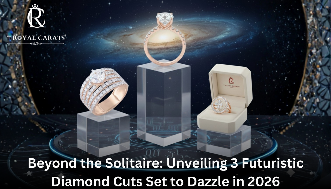 Three futuristic diamond cuts displayed on pedestals against a galaxy background.