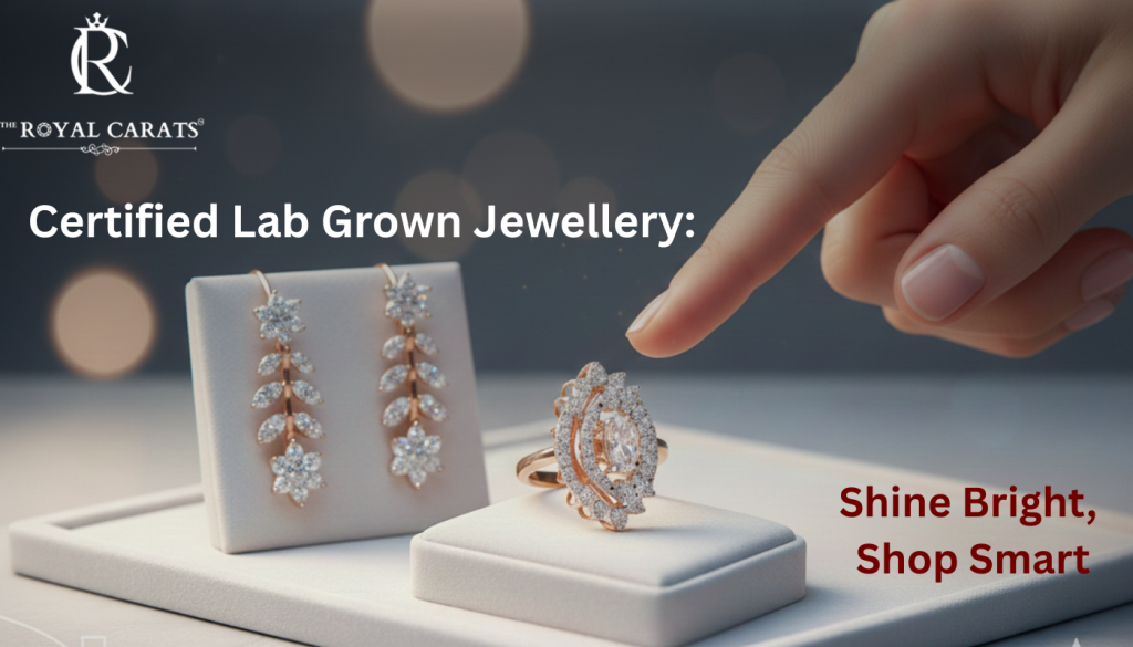 Certified lab grown jewellery advertisement with diamond ring and earrings.
