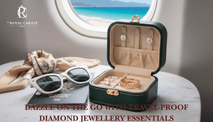 A green travel jewelry box with diamond earrings, a ring, and a necklace, a passport, sunglasses, and a scarf on an airplane table with a tropical view.