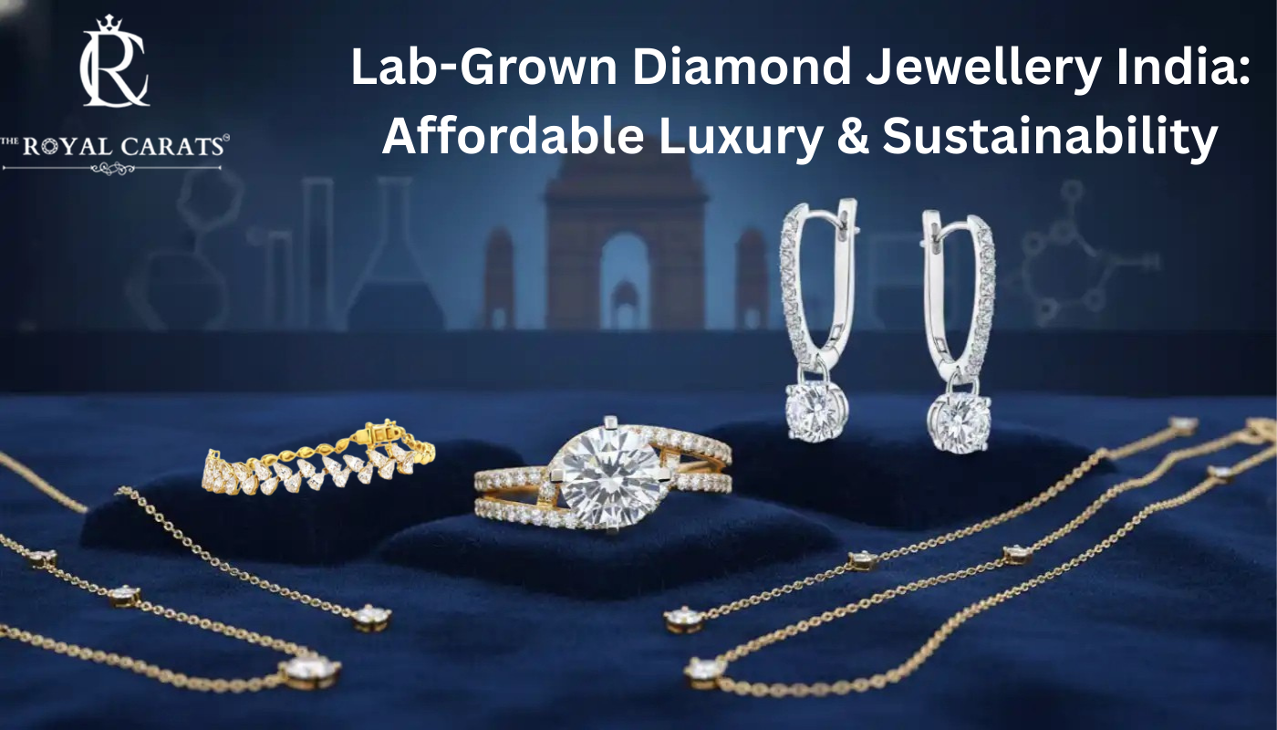 The The Royal Carats Lab-Grown Diamond Jewellery India on a blue background, showcasing a gold ring, bracelet, and earrings, representing affordable luxury and sustainability.