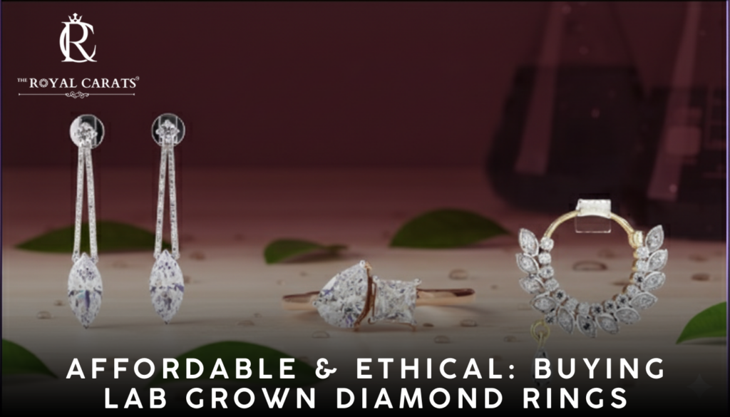 A collection of minimalist and modern ethical jewelry, featuring gold necklaces with lab-grown diamond pendants, gold stud earrings, drop earrings on a wooden stand, and a stunning lab grown diamond solitaire ring and bracelet set.