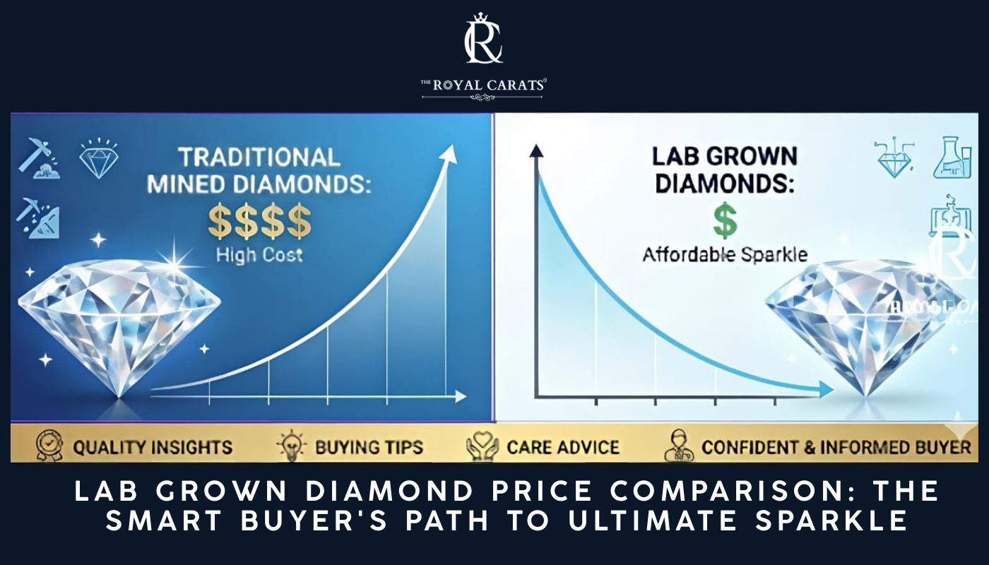 A collection of loose diamonds, lab grown crystal blocks, and a chart comparing the value of lab grown diamonds versus mined diamonds.