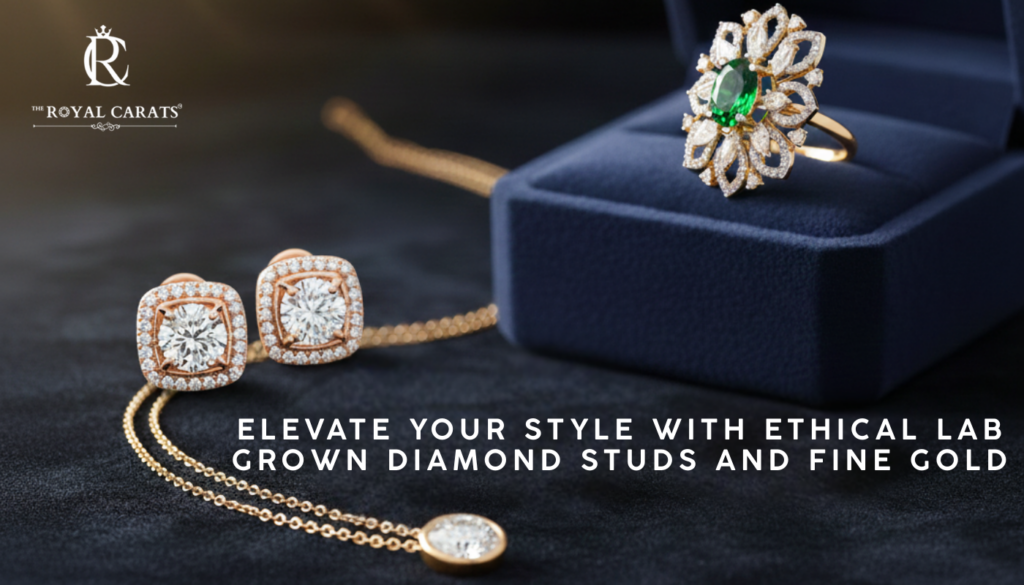 A pair of cushion-cut lab grown diamond studs in rose gold settings resting next to a gold necklace and a floral emerald ring.