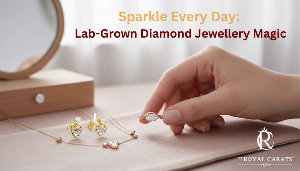 A hand picking up a rose gold lab-grown diamond ring from a vanity tray next to heart-shaped diamond earrings and a gold necklace.