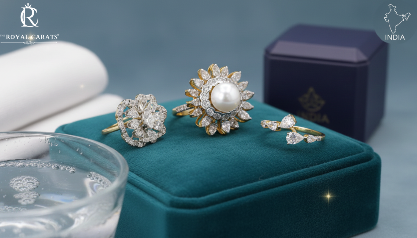 Three elegant rings from The The Royal Carats designed as everyday lab-grown diamond jewellery, showcasing floral and pear-shaped diamond settings on a jewelry display.