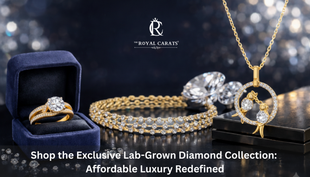 A luxury display of a solitaire ring in a blue velvet box, a diamond bracelet, and a bird-motif pendant from the Exclusive Lab-Grown Diamond Collection.