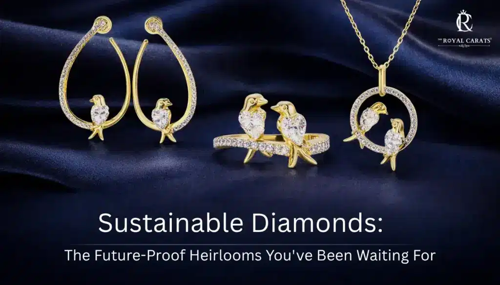 Sustainable diamond bird design earrings, ring, and pendant set on deep blue fabric background