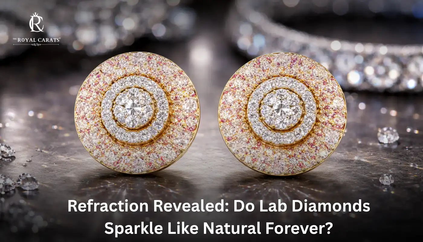 Large circular cluster earrings in gold and rose gold showing how lab diamonds sparkle, overlaid with the blog title: Refraction Revealed: Do Lab Diamonds Sparkle Like Natural Forever?