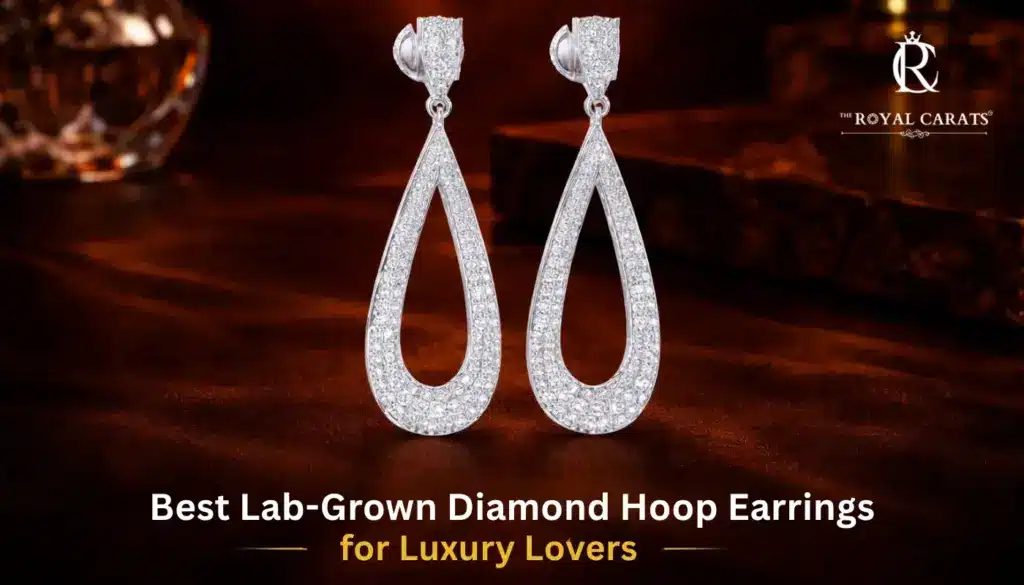 Close-up of the best lab-grown diamond hoop earrings from The The Royal Carats showcasing brilliant sparkle and precision cut.