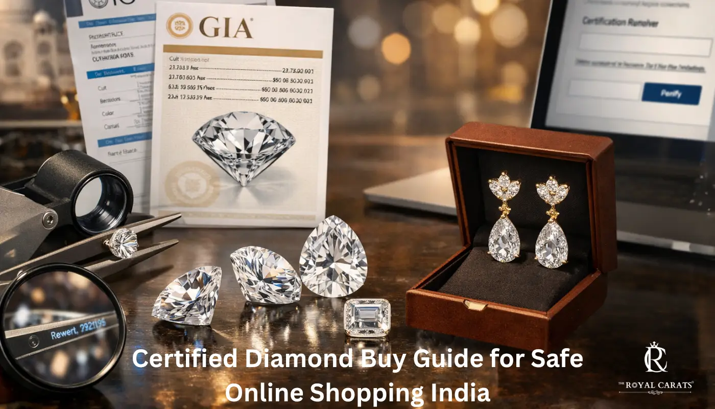 A collection of loose diamonds and gold drop earrings next to a GIA grading report, illustrating a safe certified diamond buy.