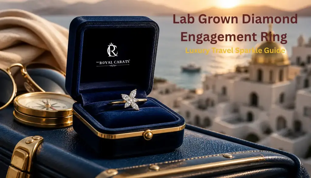 A flower-shaped lab grown diamond engagement ring in a blue velvet box resting on a luxury suitcase with a Mediterranean coastal view.