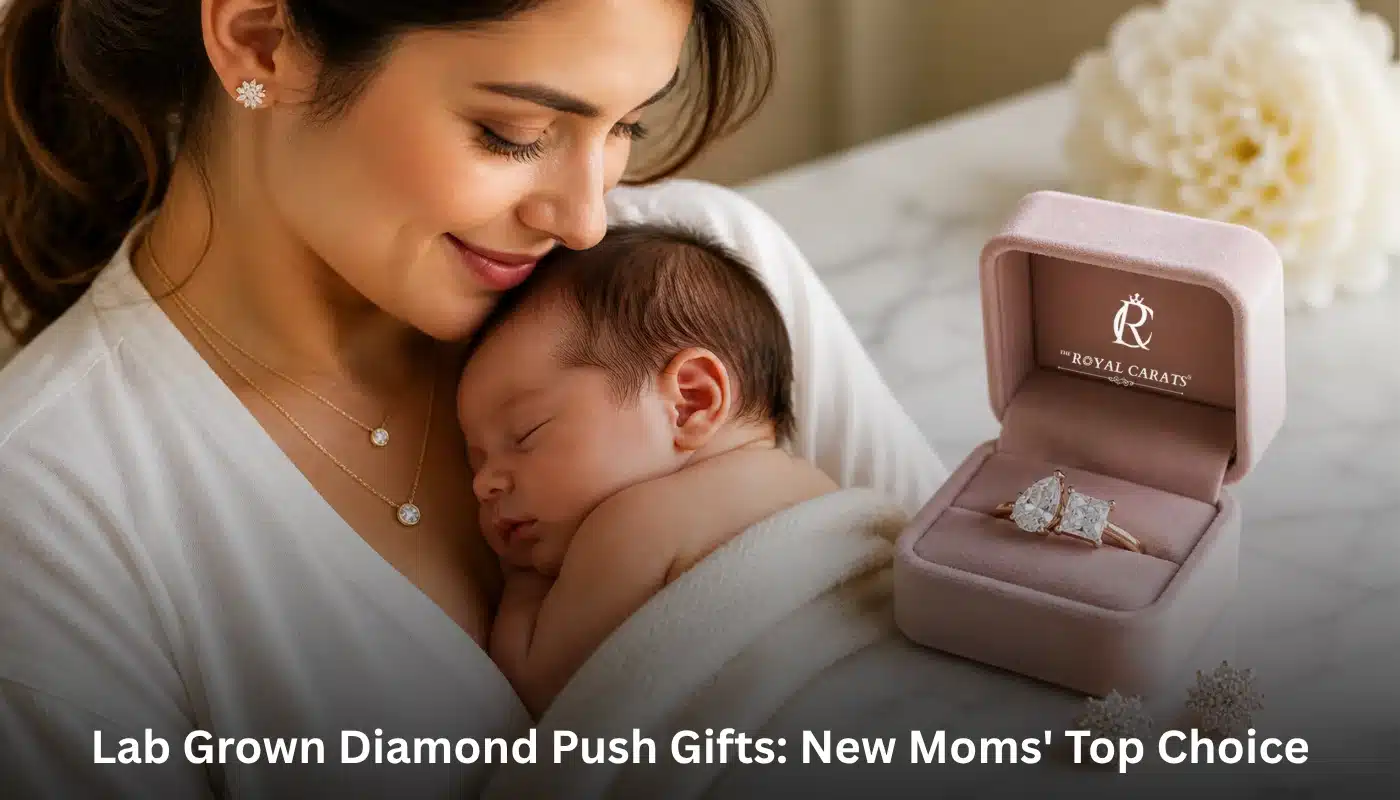 A banner image titled Lab Grown Diamond Push Gifts: New Moms' Top Choice, featuring a mother with her baby and a stunning two-stone diamond ring in a velvet box.