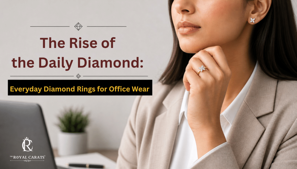 The Rise of the Daily Diamond: Everyday Diamond Rings for Office Wear | Best Lab Grown Diamond Jewellery A professional woman wearing a flower-shaped everyday diamond ring for office wear and matching studs while working.