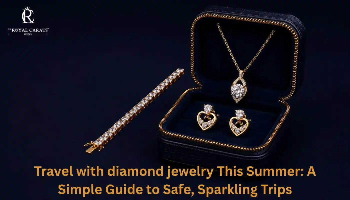 A luxury gold and diamond jewelry set arranged neatly inside a secure, zippered navy blue travel case, demonstrating how to safely travel with diamond jewelry.