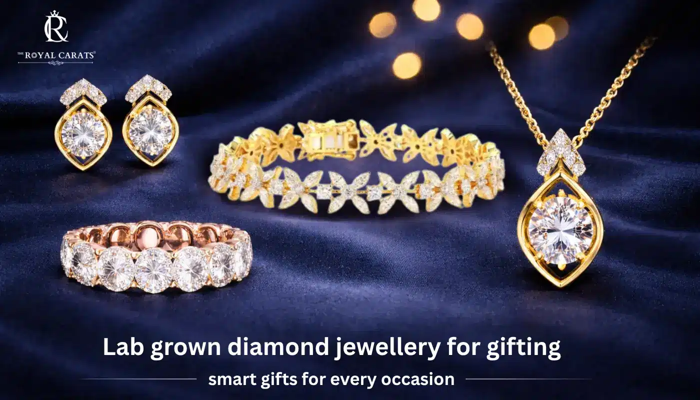 A premium collection of lab-grown diamond jewellery for gifting, including a floral bracelet, a gold pendant necklace, a statement ring, and matching earrings on blue fabric.