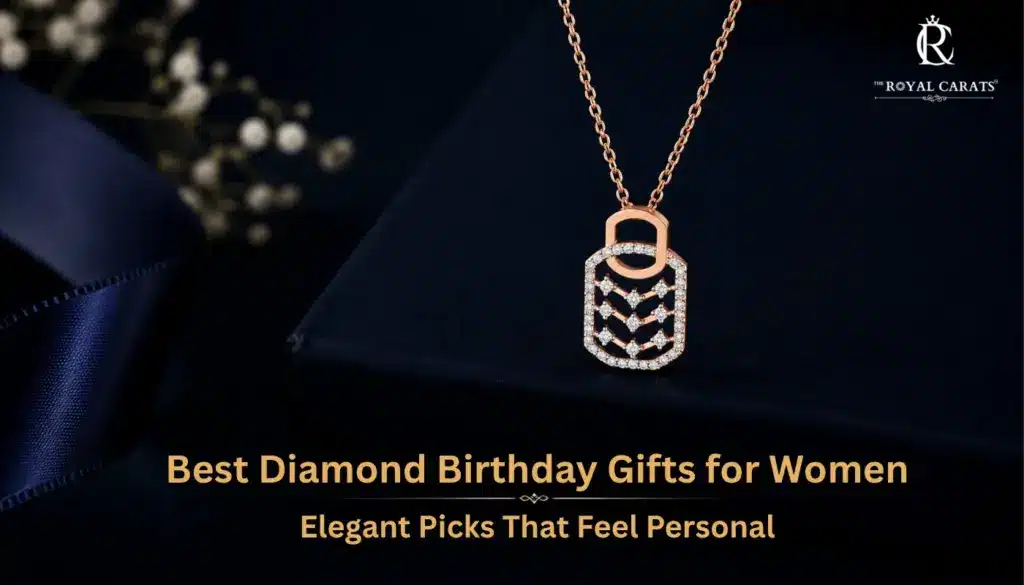 A geometric diamond pendant necklace on a dark blue background with text reading Best Diamond Birthday Gifts for Women.