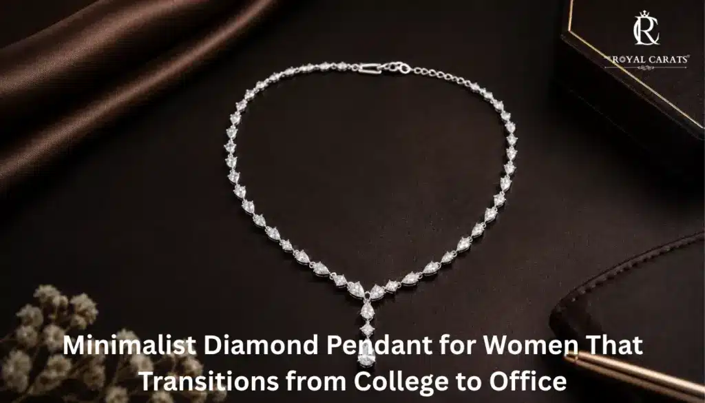 A delicate white gold diamond pendant for women laid flat on a dark surface with text overlay.
