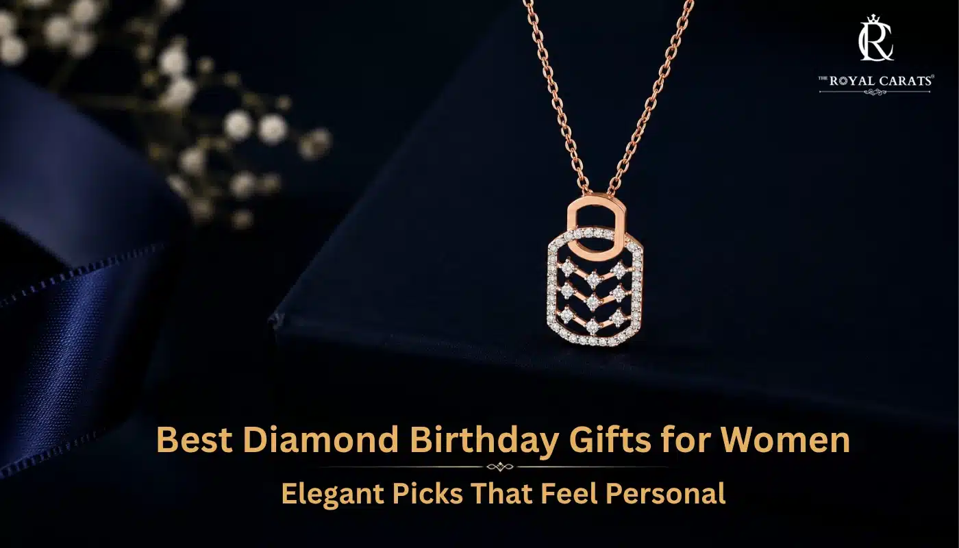 A geometric diamond pendant necklace on a dark blue background with text reading Best Diamond Birthday Gifts for Women.